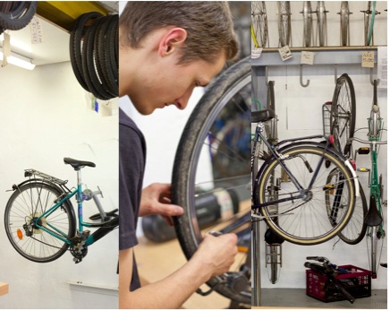 3 photos représentant un atelier de réparation de vélo.